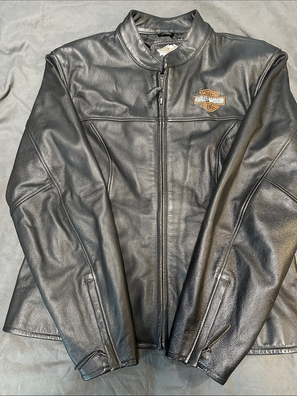 Harley-Davidson Black Leather Riding Jacket with Orange Patch